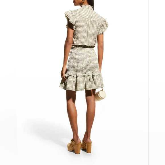 Veronica Beard Aloya Smocked Seersucker Ruffle Skirt Olive White Sz XL NWT